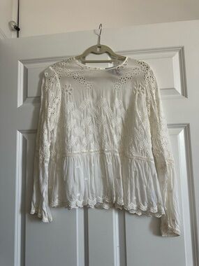 Johnny Was Cream Embroidered Long-Sleeve Peasant Blouse